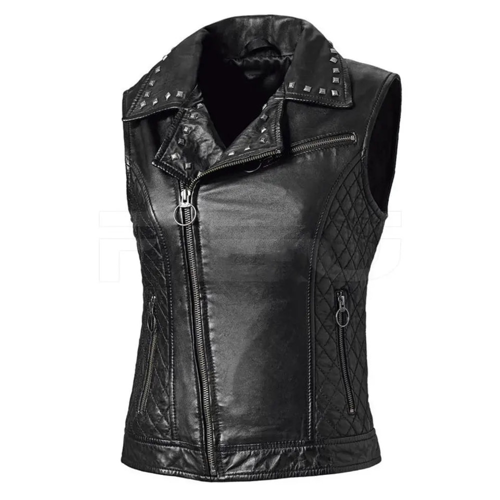 LADIES CLASSIC STYLE STUDDED ZIPPERED MOTORCYCLE LEATHER CONCEALED CARRY VEST